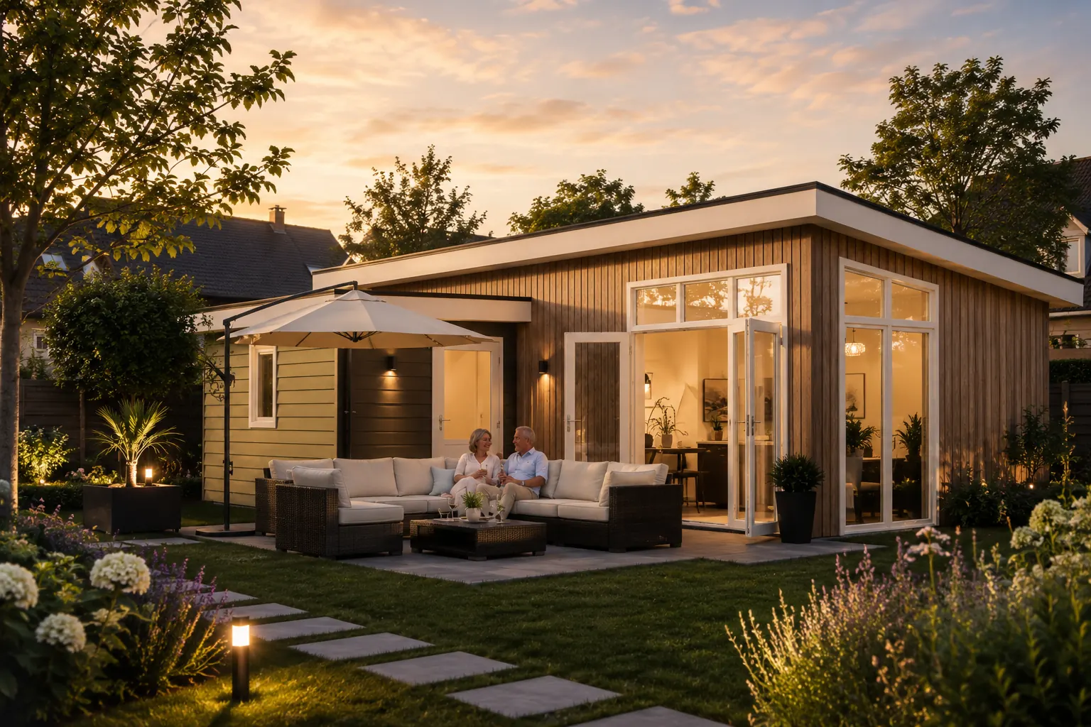 Mantelzorgwoning model Kievit in een achtertuin, met houten gevel en terras.