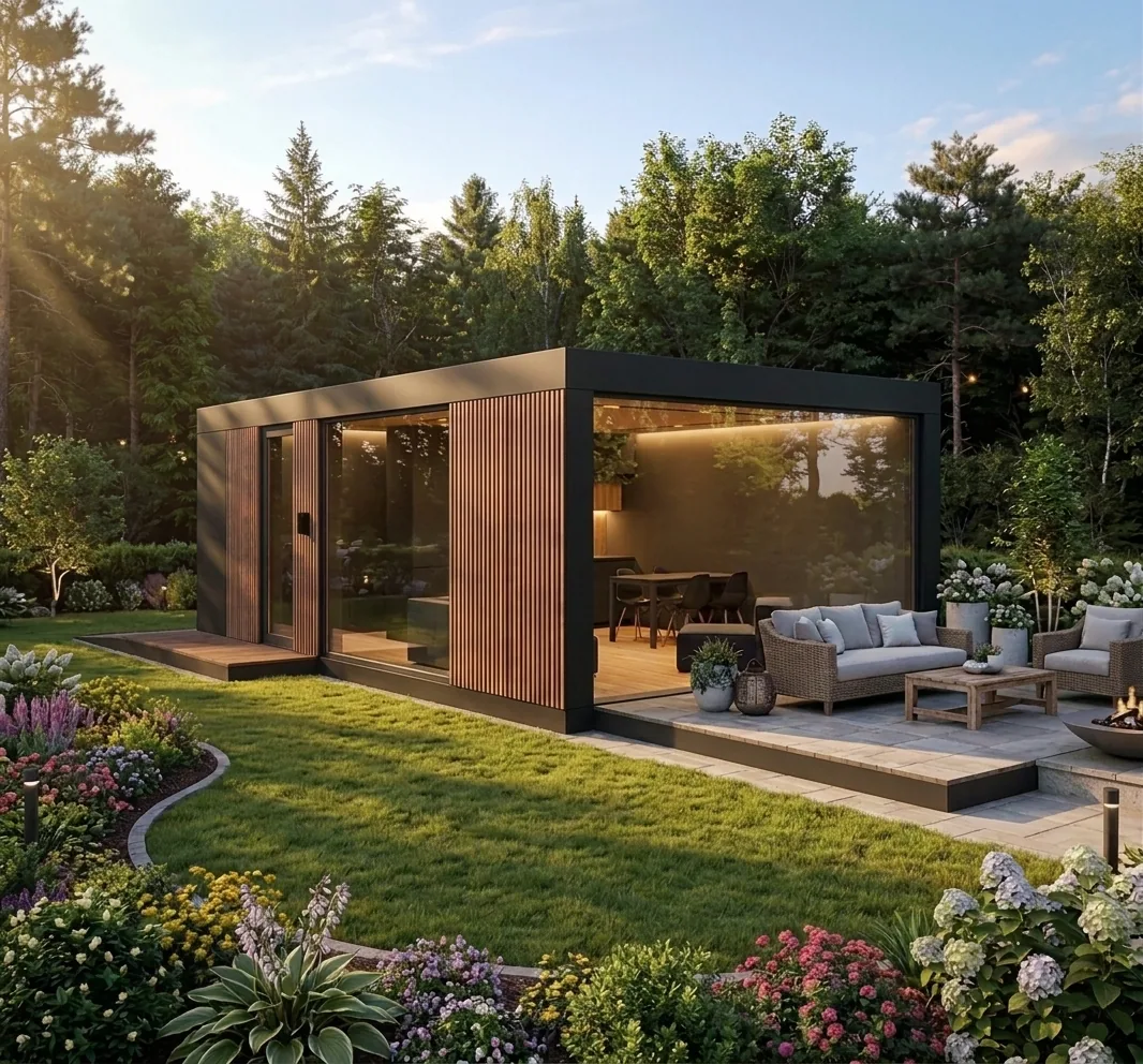 Albatros 40: architectonische zorgwoning met houten gevelbekleding, donkere accenten en grote glaspartijen, geplaatst in een tuin.