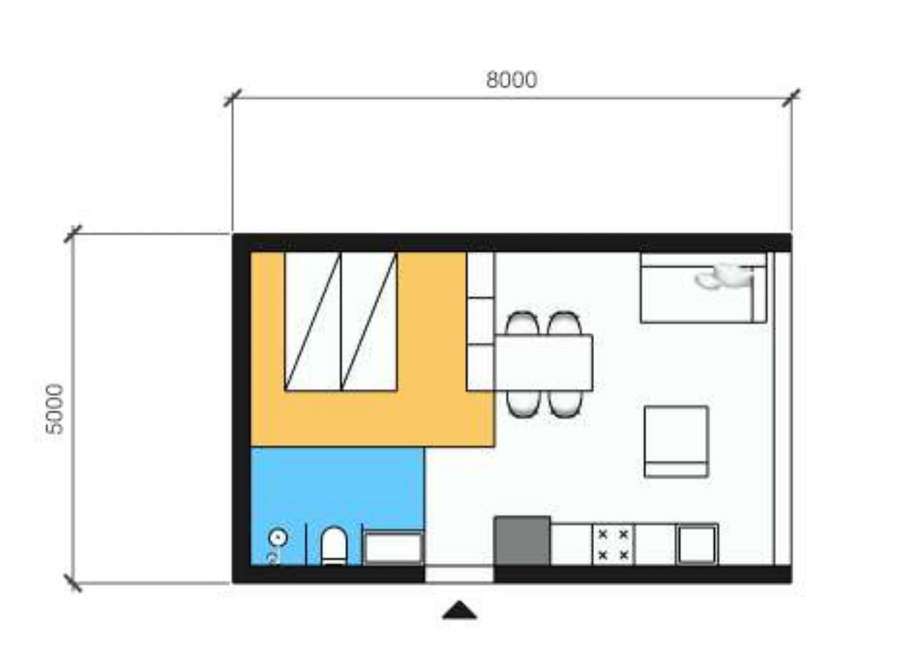 Plattegrond van zorgwoning Albatros 40: buitenmaat 8,0 × 5,0 m, 1 slaapkamer(s), badkamer en open leefruimte.