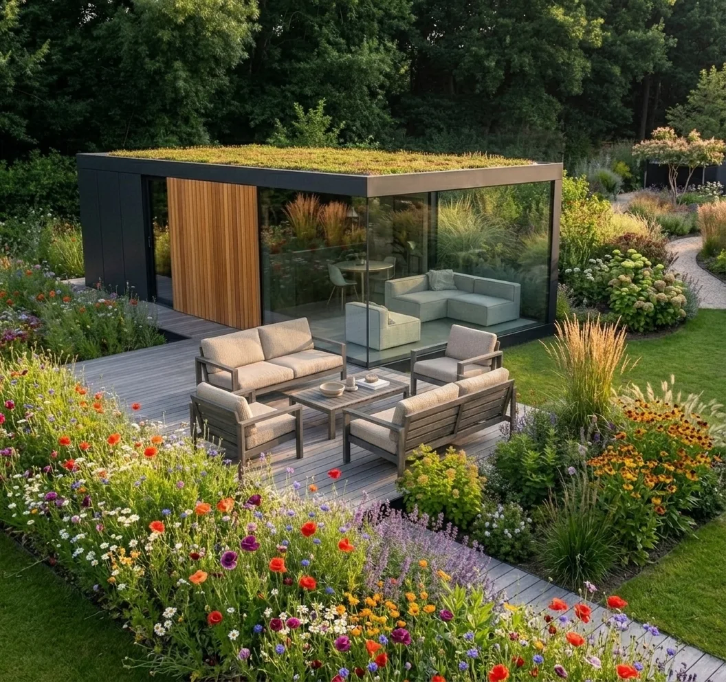 Albatros 50: architectonische zorgwoning met houten gevelbekleding, donkere accenten en grote glaspartijen, geplaatst in een tuin.