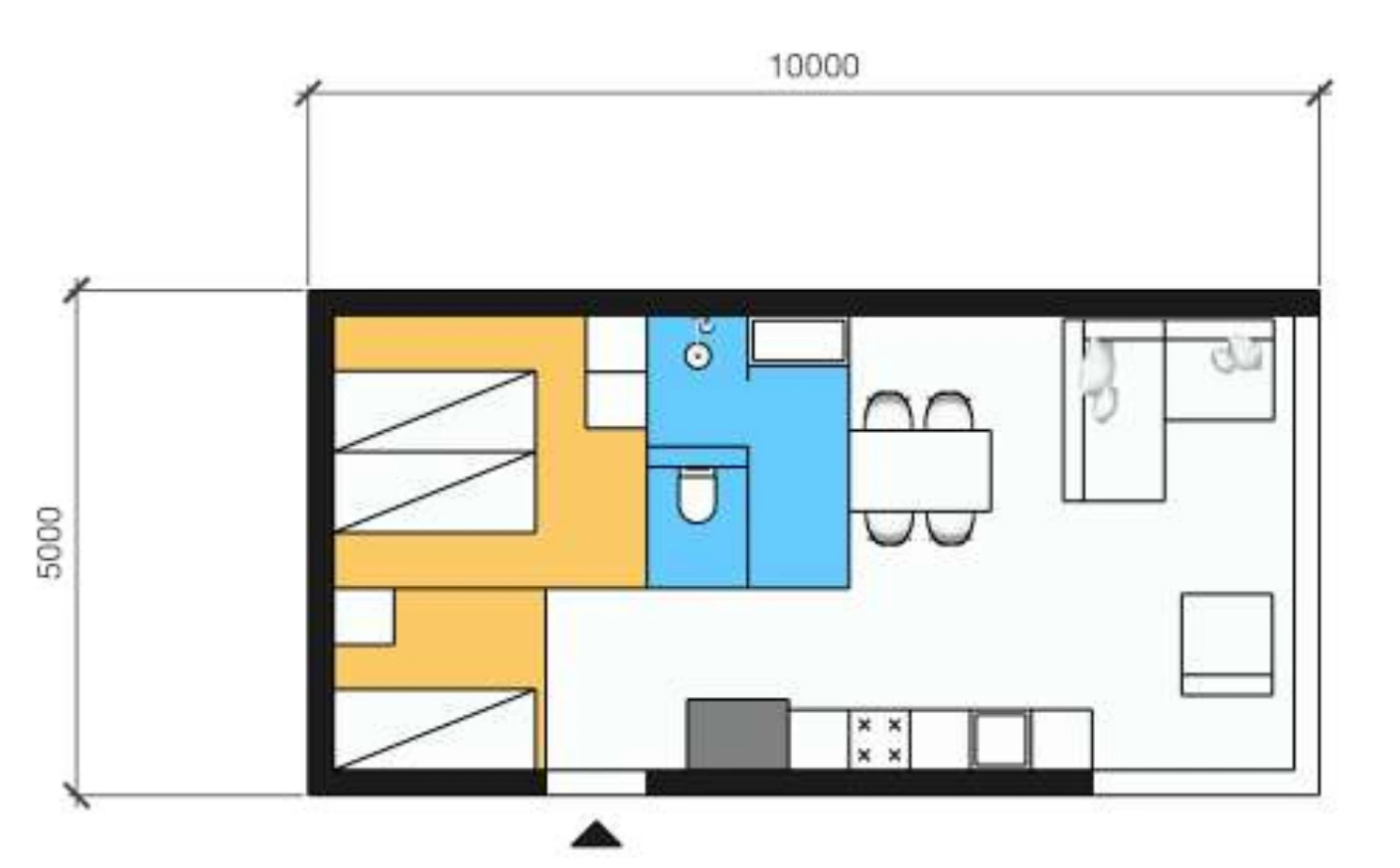 Plattegrond van zorgwoning Albatros 50: buitenmaat 10,0 × 5,0 m, 2 slaapkamer(s), badkamer en open leefruimte.