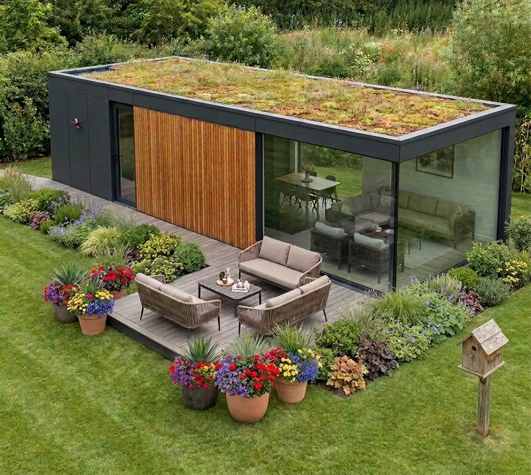 Albatros 60: architectonische zorgwoning met houten gevelbekleding, donkere accenten en grote glaspartijen, geplaatst in een tuin.