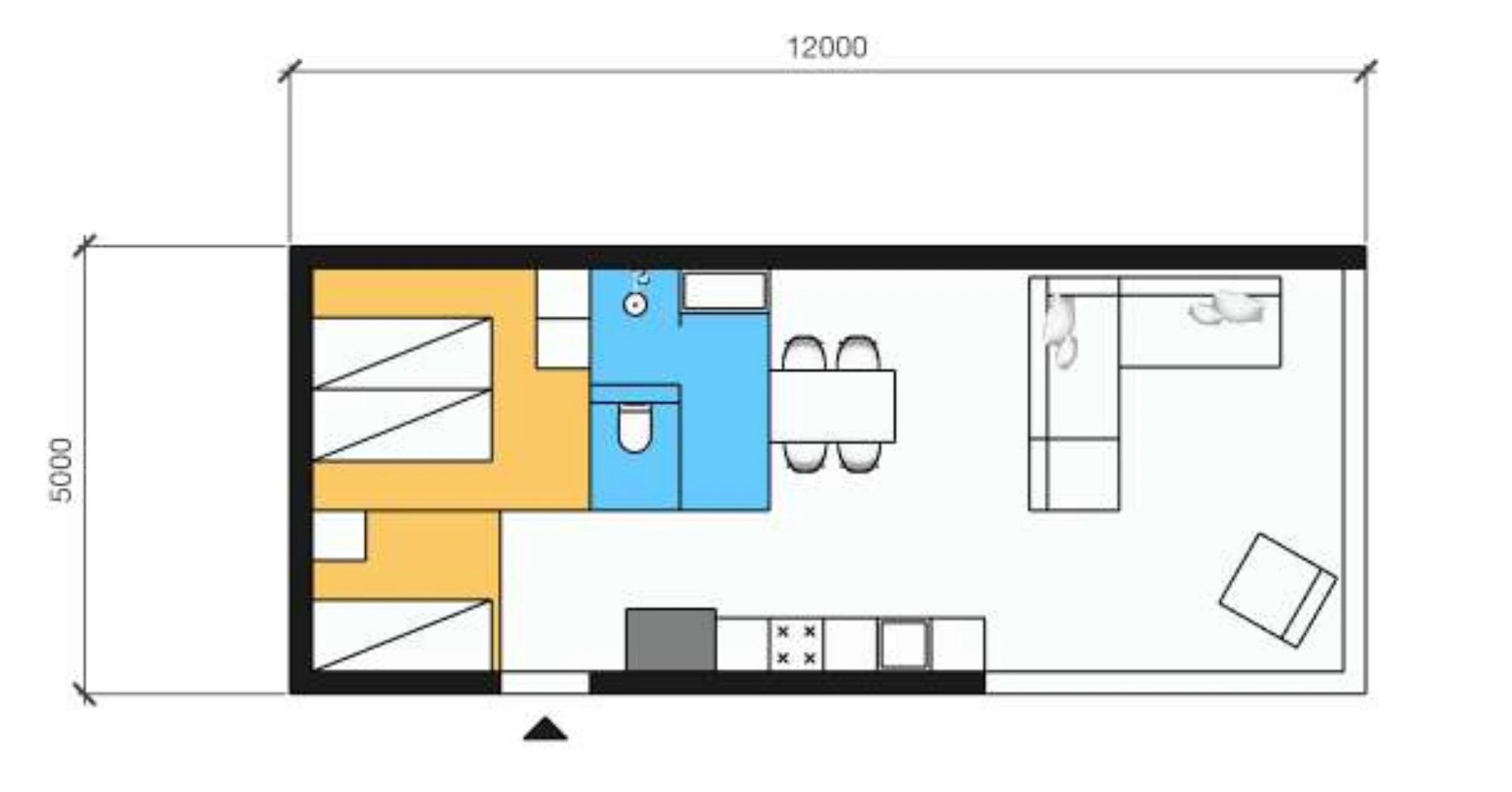 Plattegrond van zorgwoning Albatros 60: buitenmaat 12,0 × 5,0 m, 2 slaapkamer(s), badkamer en open leefruimte.