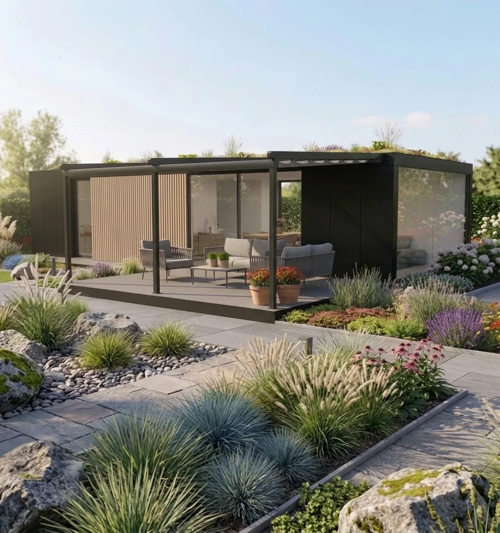 Albatros 70: architectonische zorgwoning met houten gevelbekleding, donkere accenten en grote glaspartijen, geplaatst in een tuin.