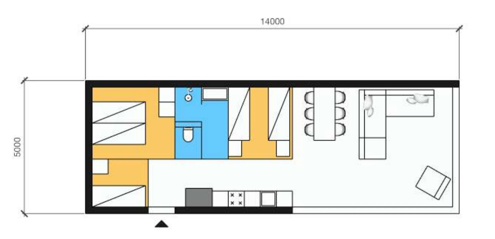 Plattegrond van zorgwoning Albatros 70: buitenmaat 14,0 × 5,0 m, 2 slaapkamer(s), badkamer en open leefruimte.