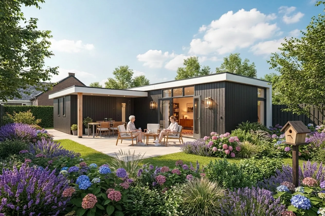 Zorgwoning Alexia in een tuin, met houten gevelbekleding en terras.