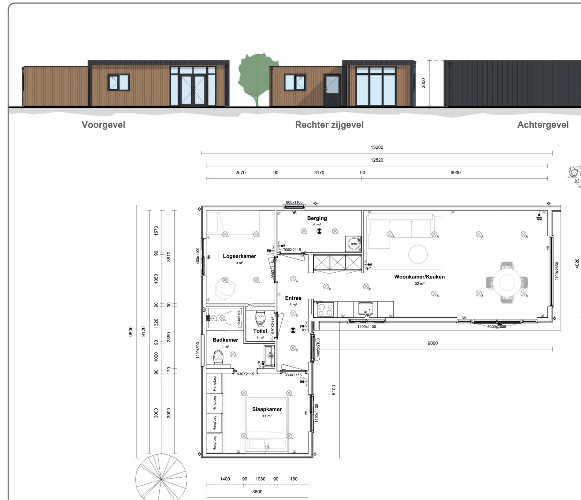 Plattegrond van zorgwoning Alexia: buitenmaat L-vorm binnen 13,20 × 9,50 m, 67,0 m² woonoppervlak, met maatvoering in millimeters.