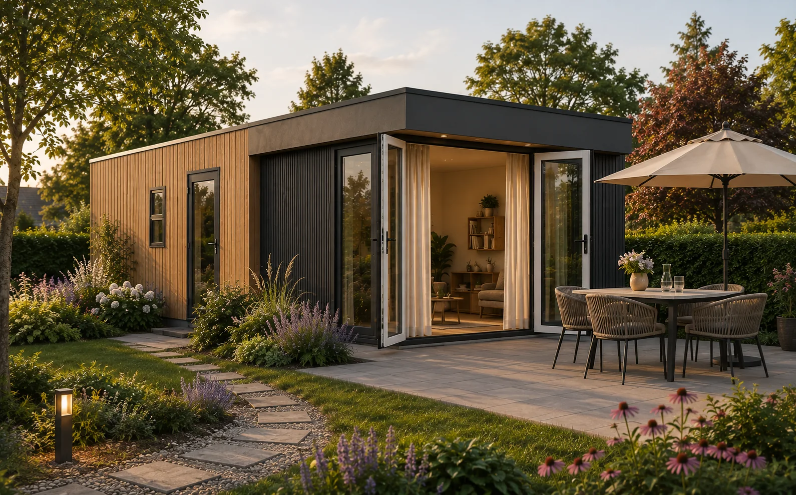 Zorgwoning Amalia in een tuin, met houten gevelbekleding en terras.