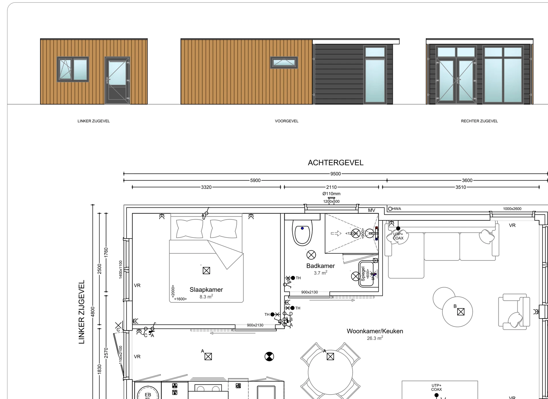 Plattegrond van zorgwoning Amalia: buitenmaat 9,50 × 4,48 m, 38,3 m² woonoppervlak, met maatvoering in millimeters.