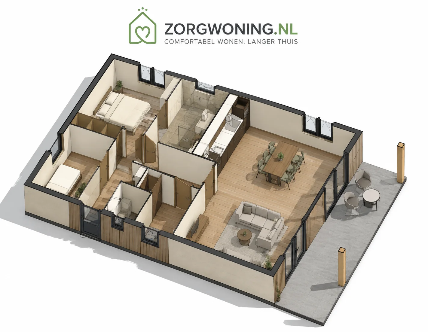 Doorkijk van zorgwoning Anjer met de indeling van de plattegrond.