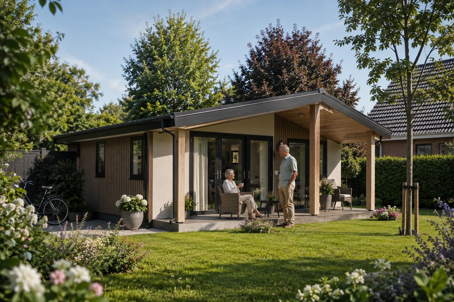 Zorgwoning Anjer in een tuin, met houten gevelbekleding en terras.