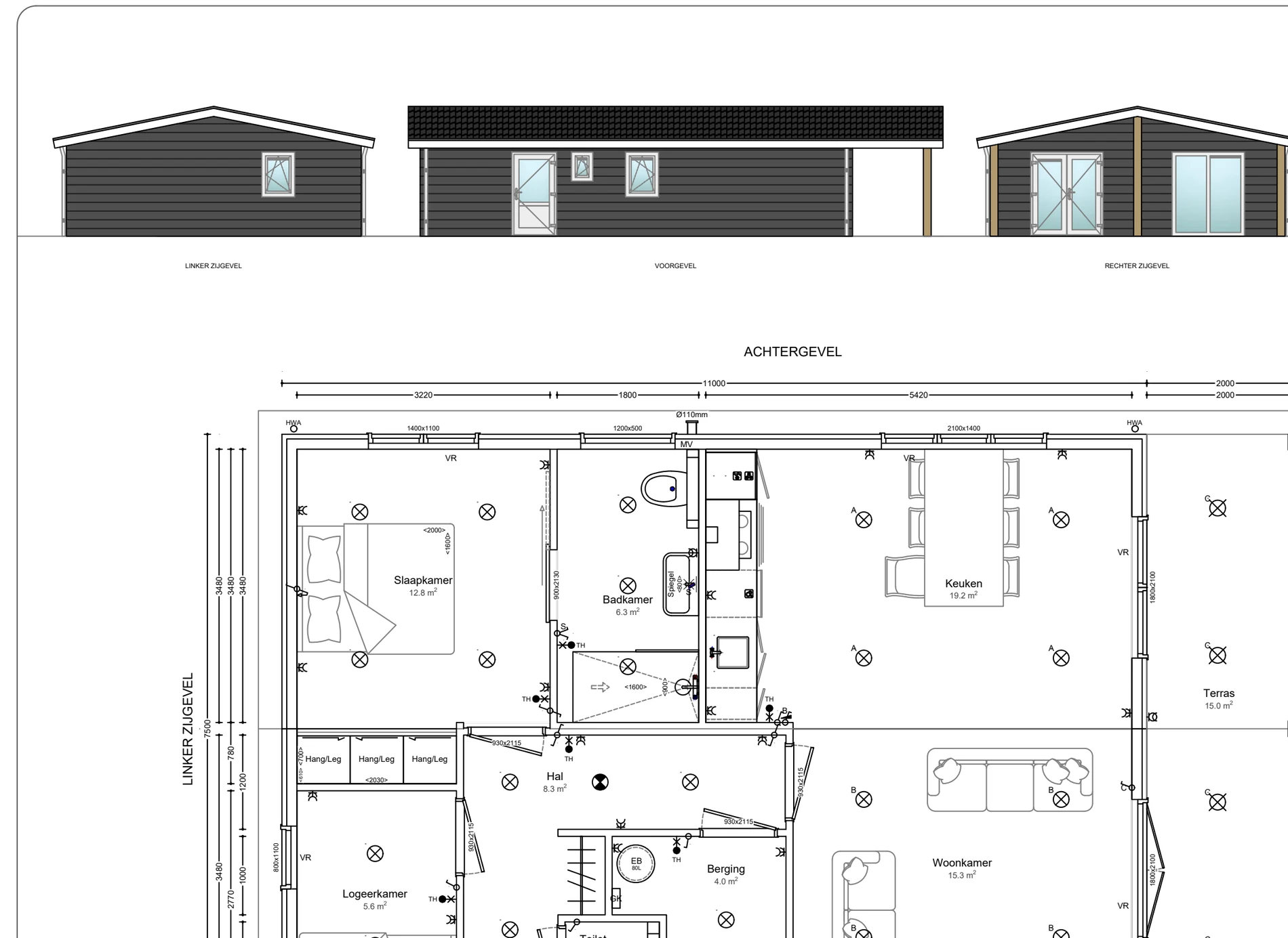 Plattegrond van zorgwoning Anjer: buitenmaat 11,00 × 7,50 m, 72,8 m² woonoppervlak, met maatvoering in millimeters.