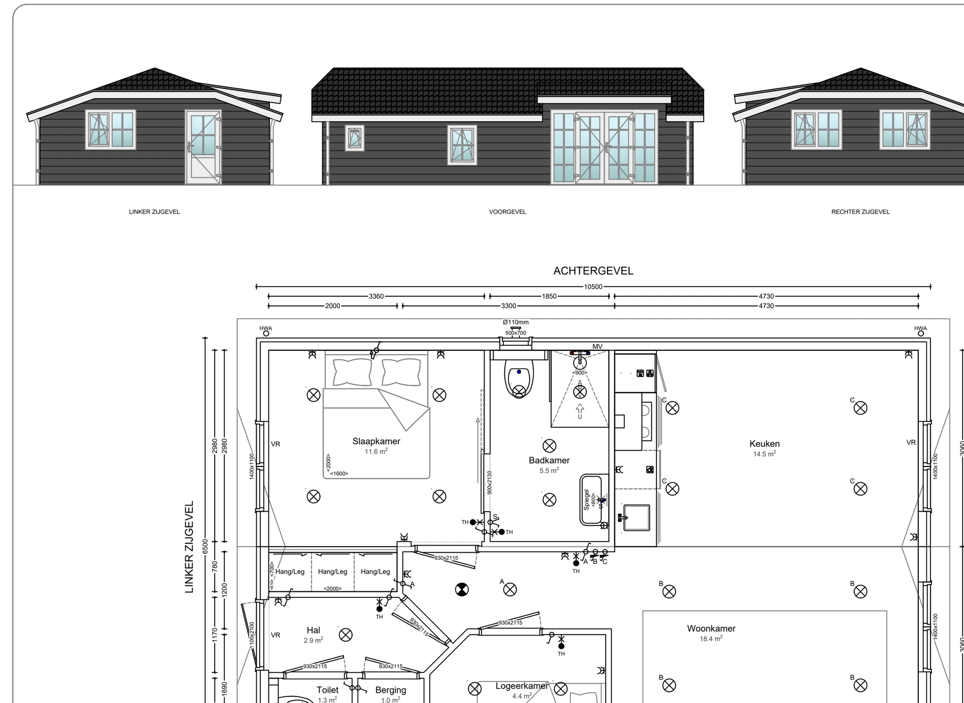Plattegrond van zorgwoning Bromelia: buitenmaat 10,50 × 6,50 m, 59,6 m² woonoppervlak, met maatvoering in millimeters.