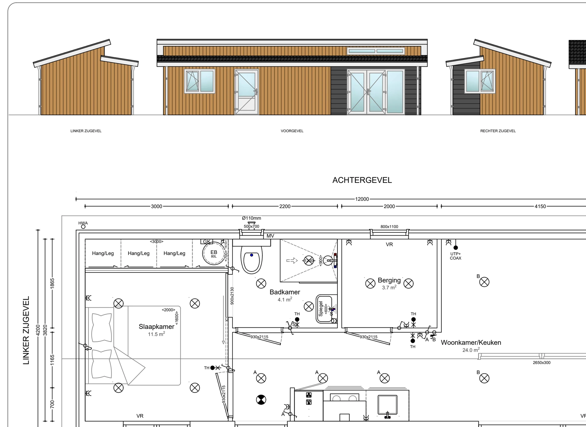 Plattegrond van zorgwoning Douglas: buitenmaat 12,00 × 4,20 m, 43,3 m² woonoppervlak, met maatvoering in millimeters.