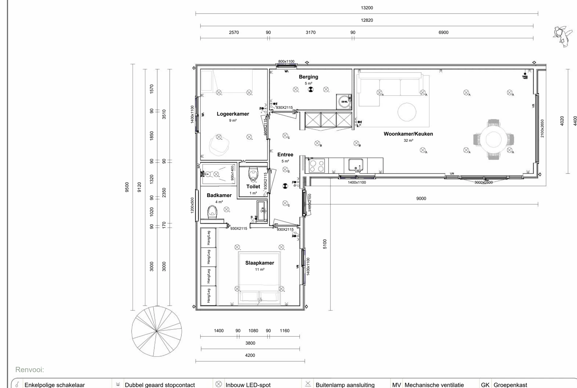Plattegrond van zorgwoning Koolmees: buitenmaat L-vorm binnen 13,20 × 9,50 m, 67,0 m² woonoppervlak, met maatvoering in millimeters.