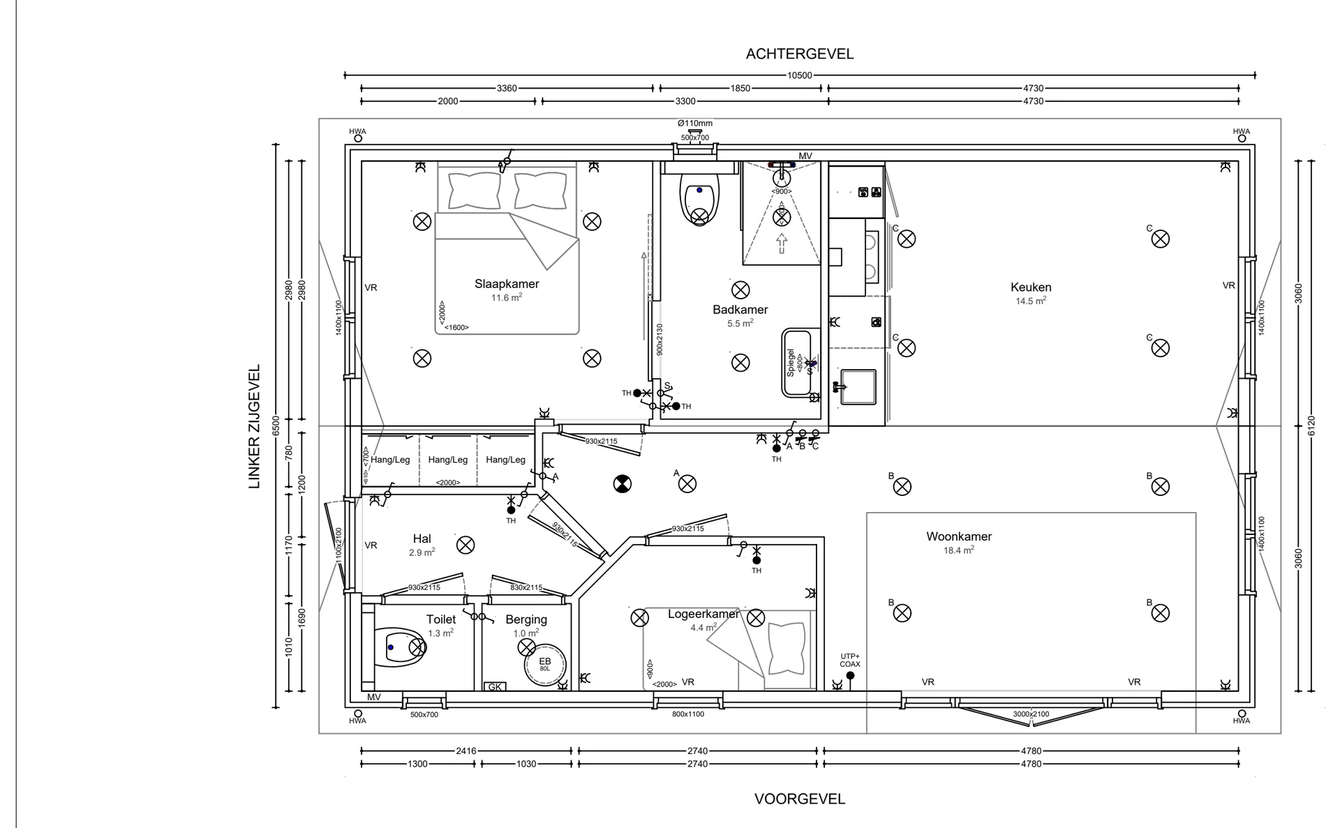 Plattegrond van zorgwoning Lepelaar: buitenmaat 10,50 × 6,50 m, 59,6 m² woonoppervlak, met maatvoering in millimeters.