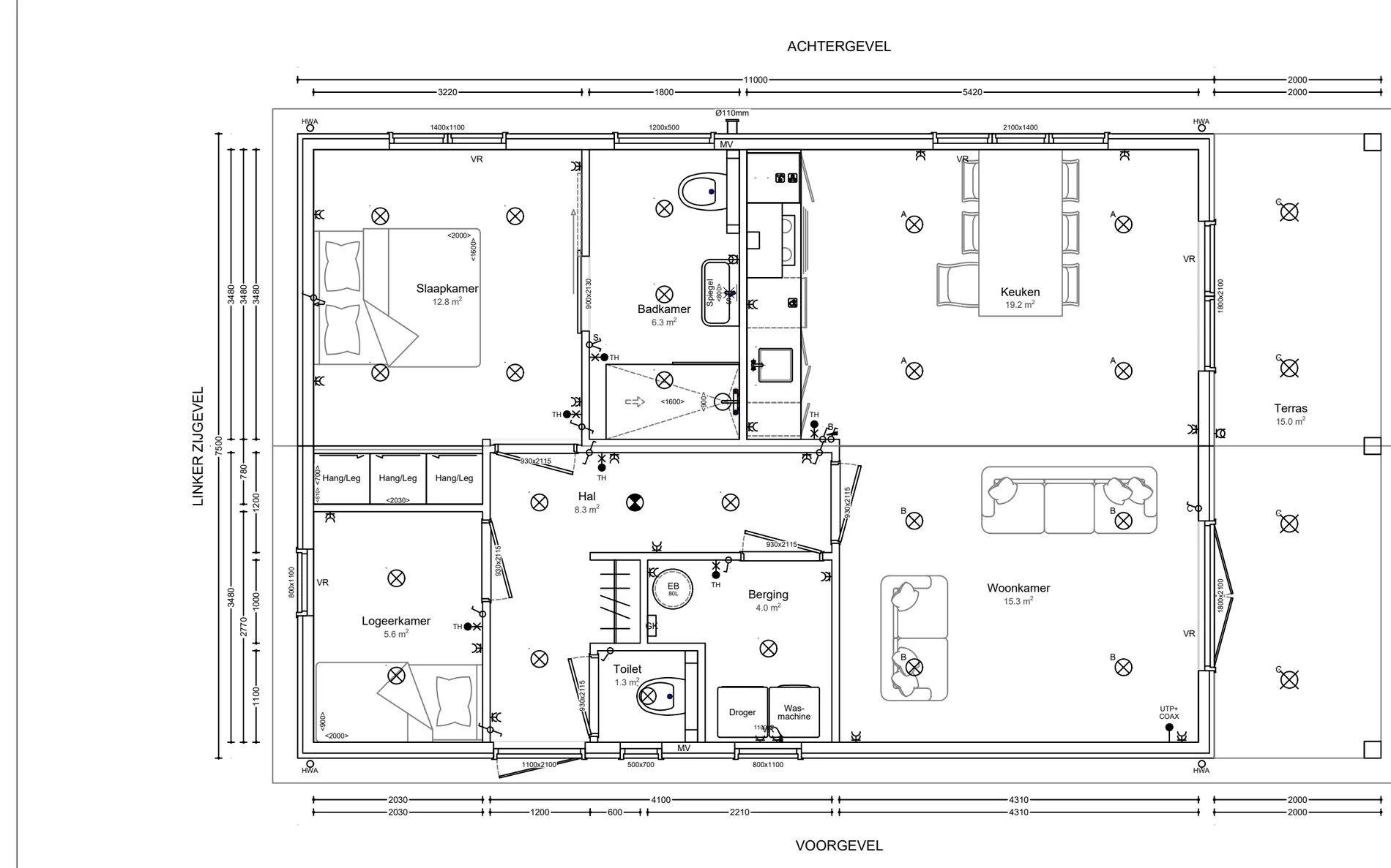 Plattegrond van zorgwoning Nachtegaal: buitenmaat 11,00 × 7,50 m, 72,8 m² woonoppervlak, met maatvoering in millimeters.