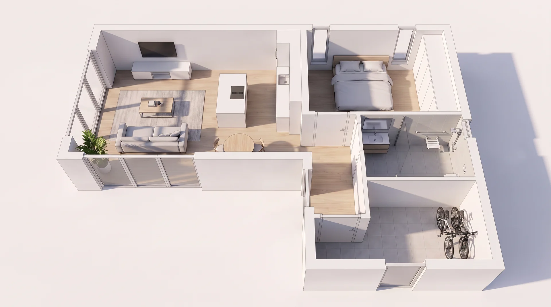 3D-weergave van mantelzorgwoning model Kievit met de exacte indeling en inrichting volgens de plattegrond.