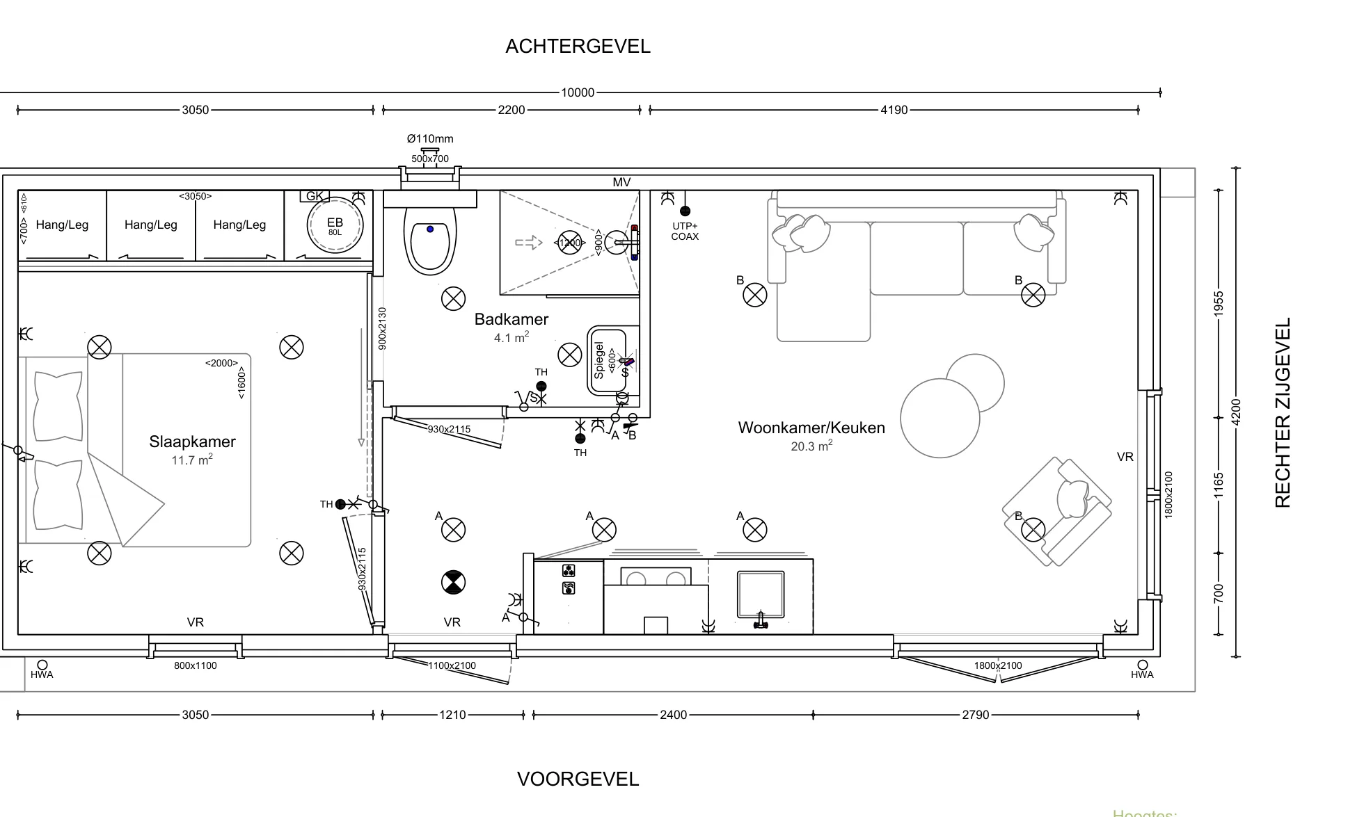 Plattegrond van mantelzorgwoning model Zwaluw: 36,1 m² woonoppervlakte, buitenmaat 10,0 × 4,20 m.