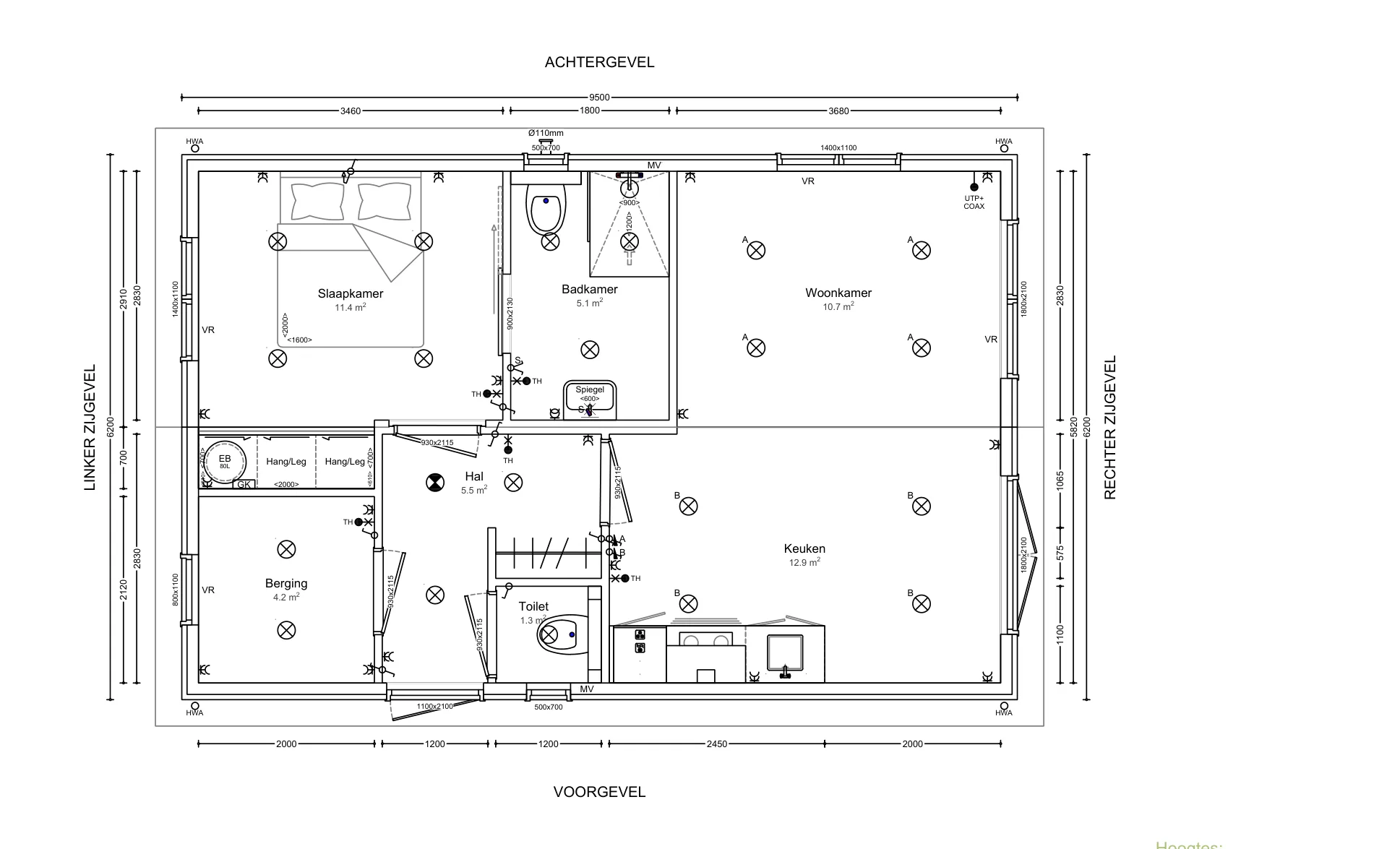 Plattegrond van mantelzorgwoning model Roodborst: 51,1 m² woonoppervlakte, buitenmaat 9,5 × 6,2 m.