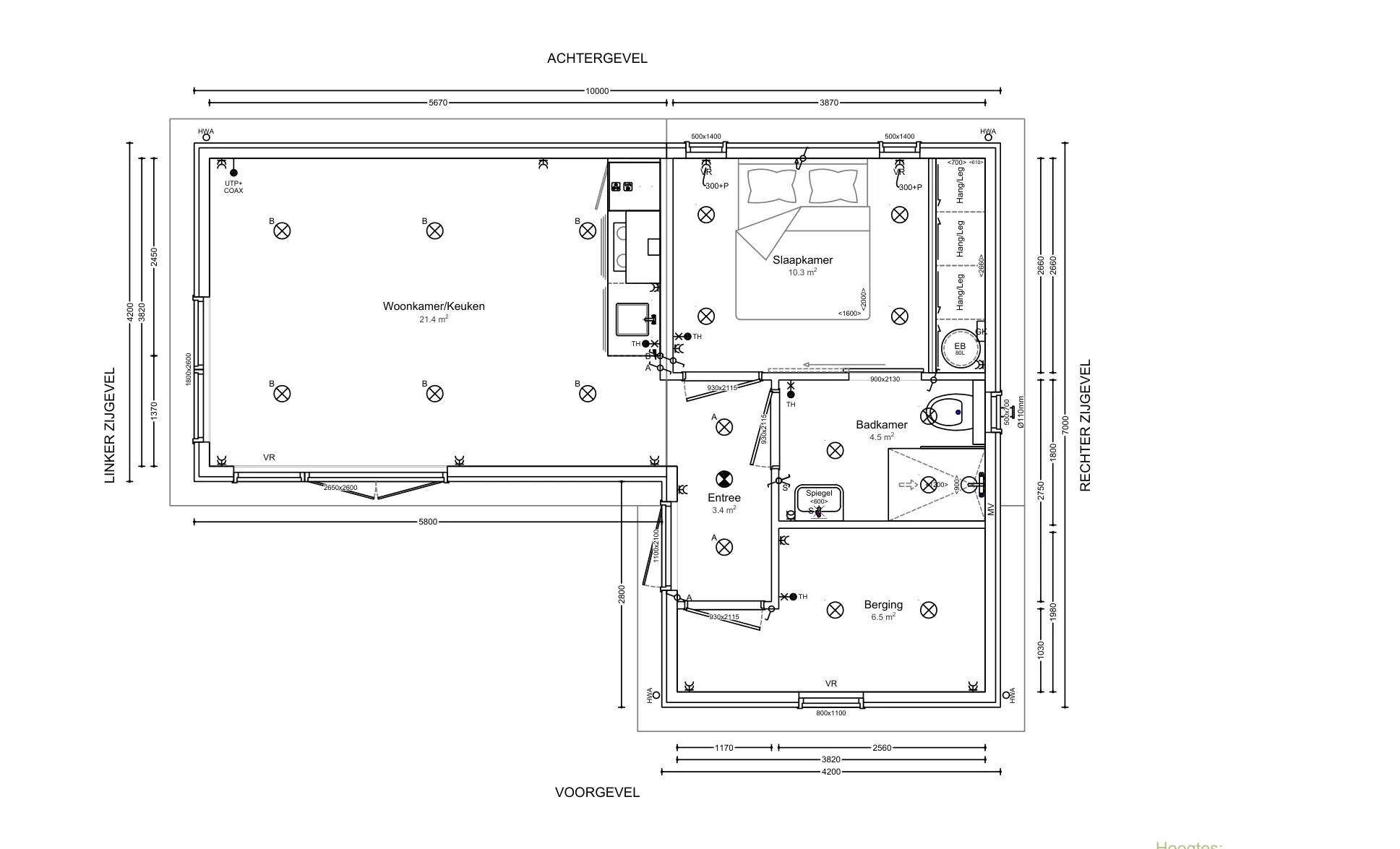 Plattegrond van mantelzorgwoning model Kievit: 46,1 m² woonoppervlakte, buitenmaat 10,0 × 7,0 m (L-vorm).