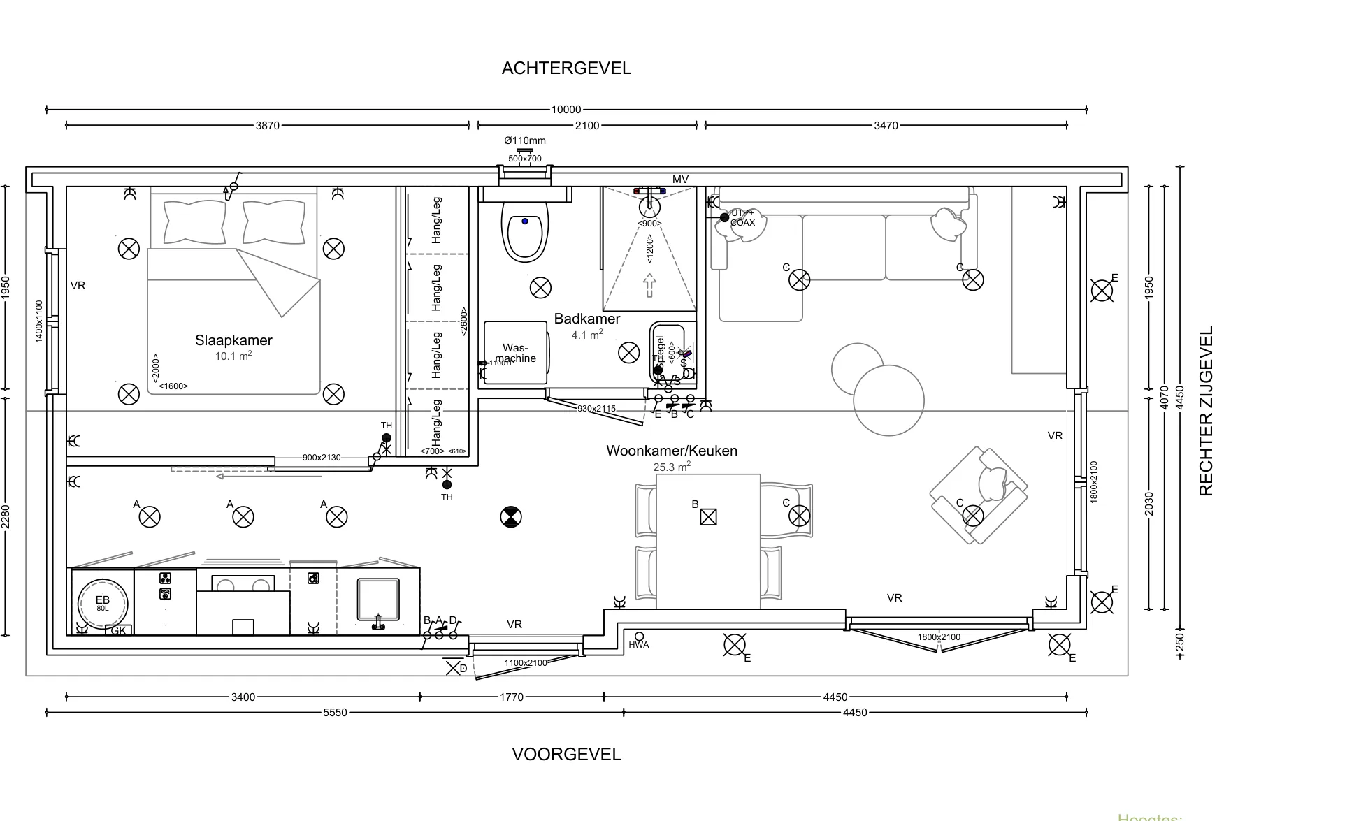 Plattegrond van mantelzorgwoning model Leeuwerik: 39,5 m² woonoppervlakte, buitenmaat 10,0 × 4,45 m.