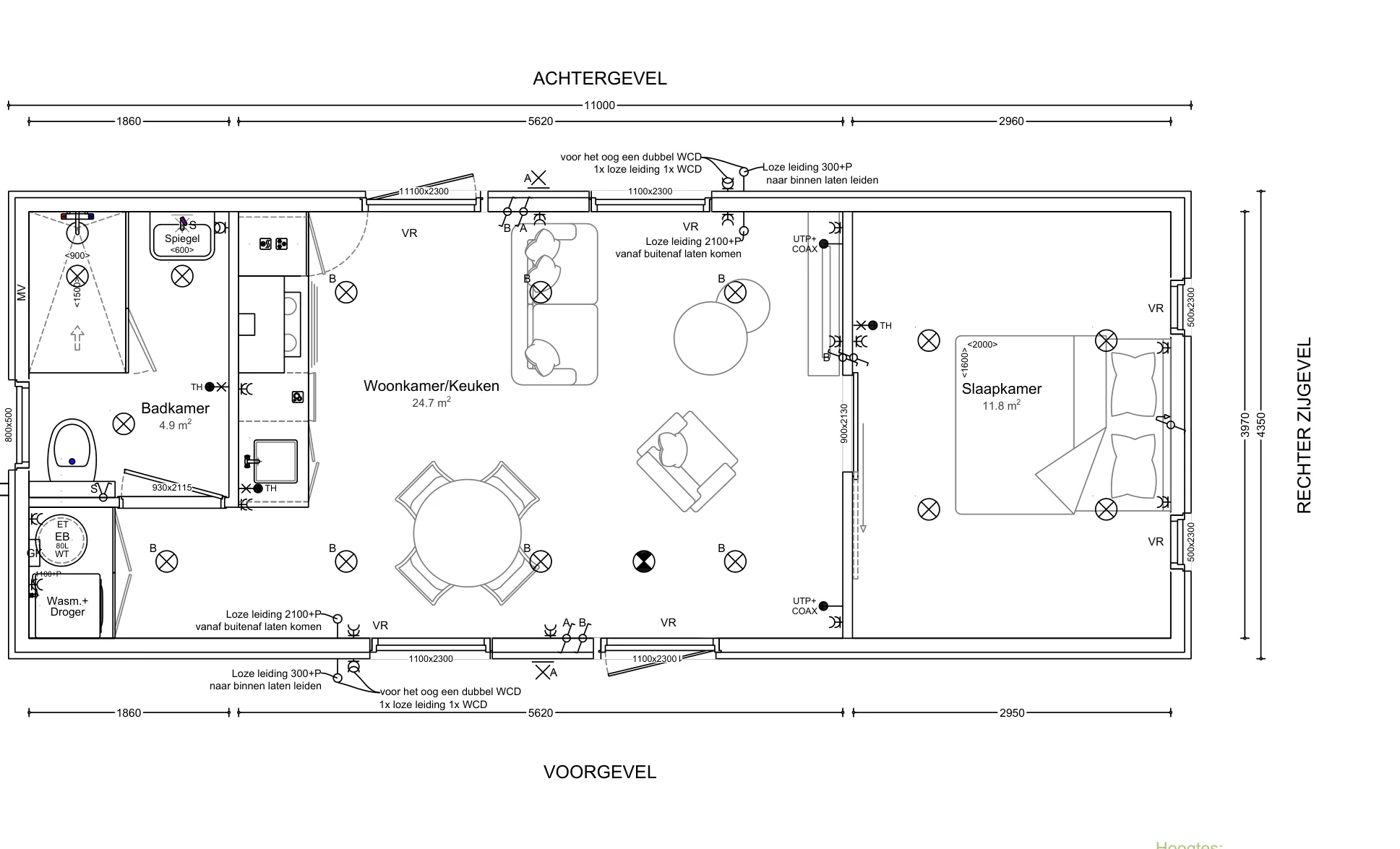 Plattegrond van mantelzorgwoning model Merel: 41,4 m² woonoppervlakte, buitenmaat 11,0 × 4,35 m.