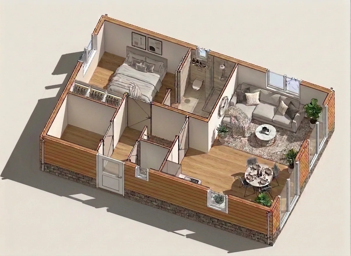 3D-weergave van mantelzorgwoning model Roodborst met de exacte indeling en inrichting volgens de plattegrond.