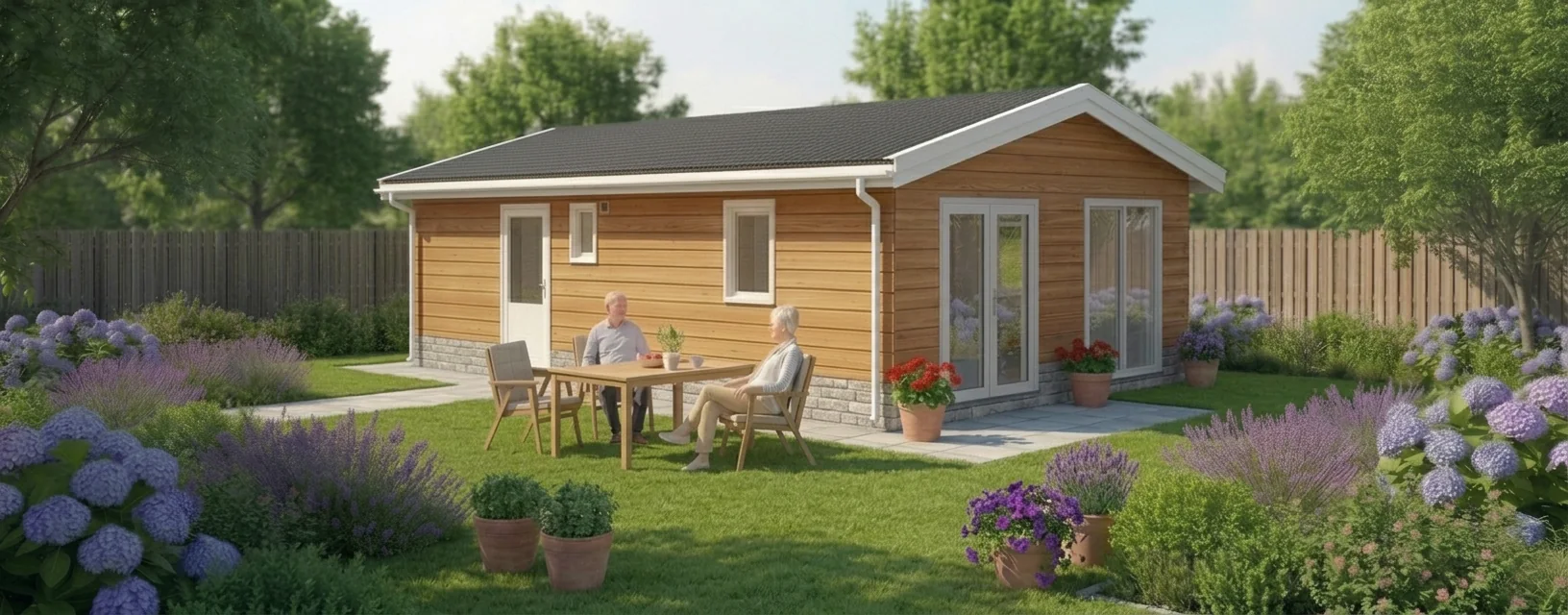Mantelzorgwoning model Roodborst in een achtertuin, met houten gevel en terras.