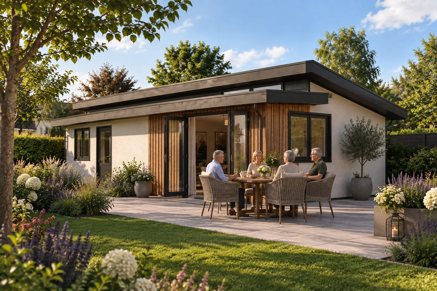 Zorgwoning Vink in een tuin, met houten gevelbekleding en terras.