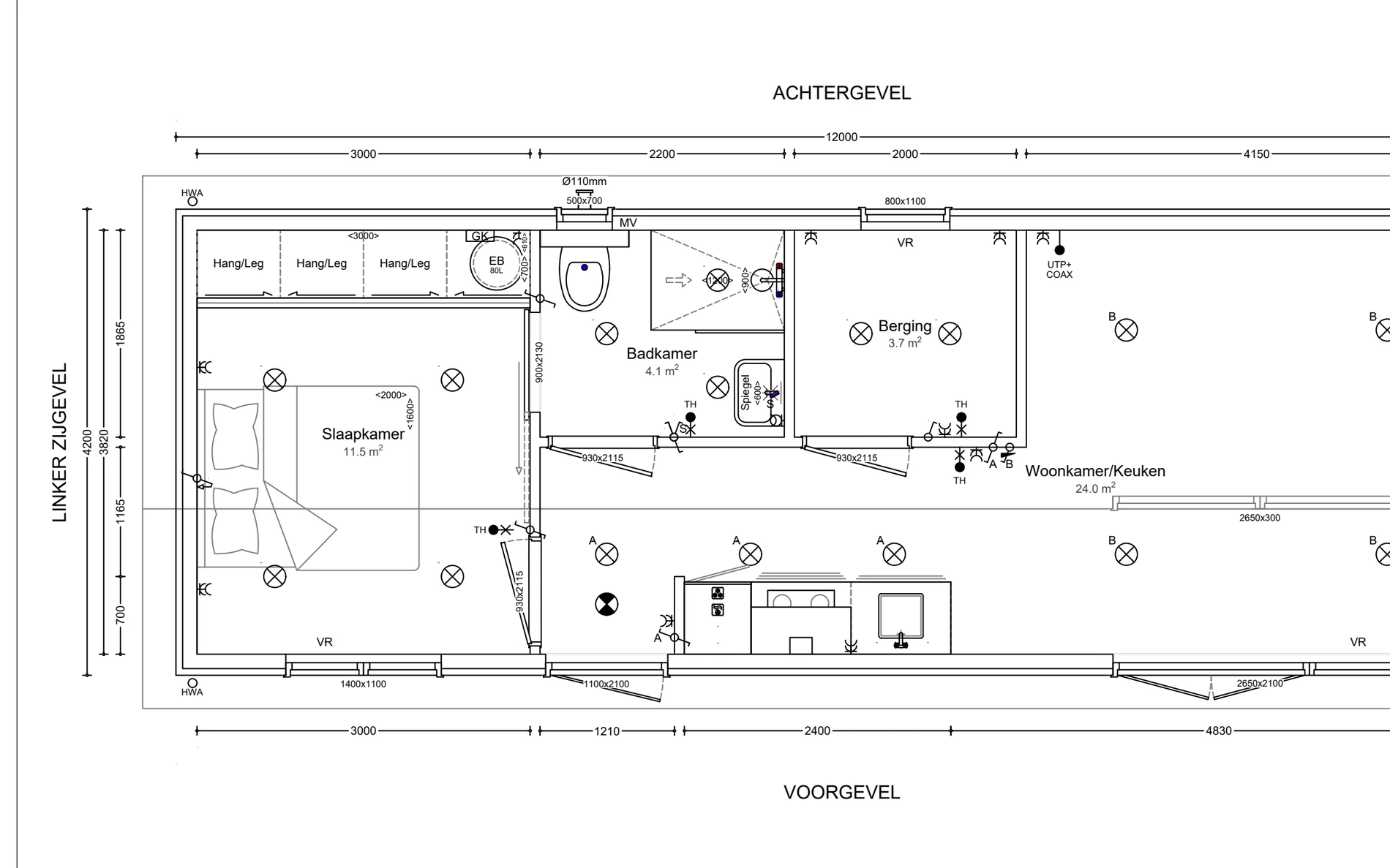 Plattegrond van zorgwoning Vink: buitenmaat 12,00 × 4,20 m, 43,3 m² woonoppervlak, met maatvoering in millimeters.