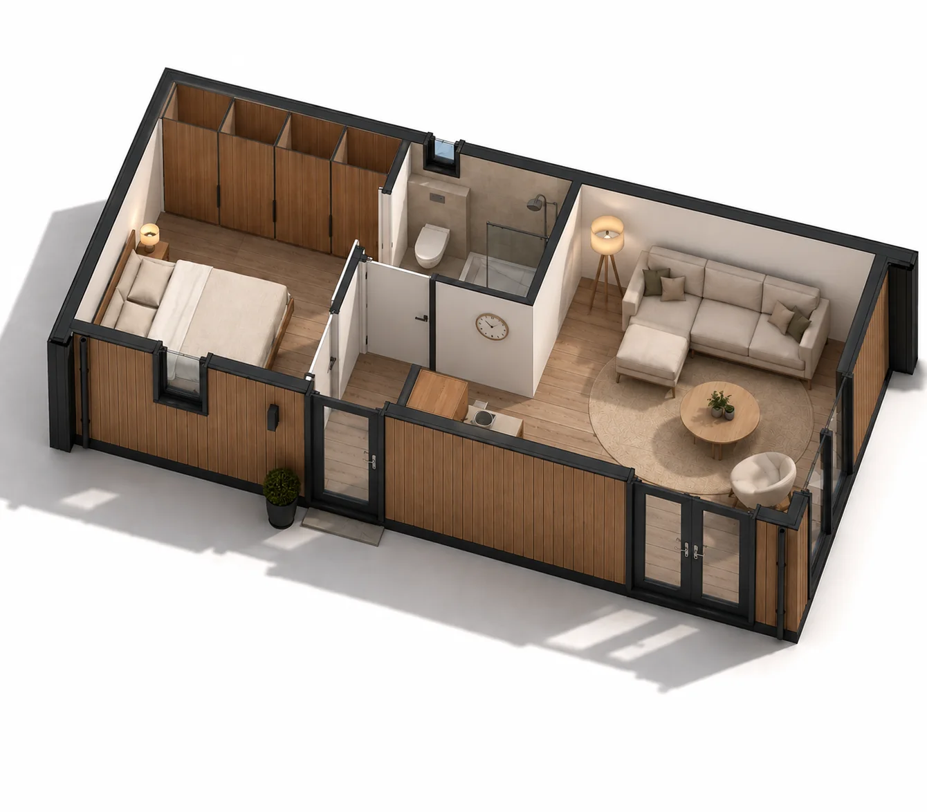 3D-weergave van mantelzorgwoning model Zwaluw met de exacte indeling en inrichting volgens de plattegrond.