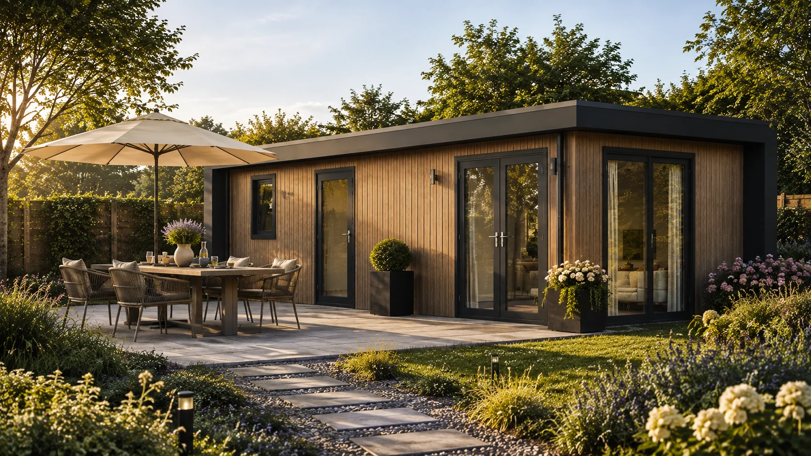Mantelzorgwoning model Zwaluw in een achtertuin, met houten gevel en terras.