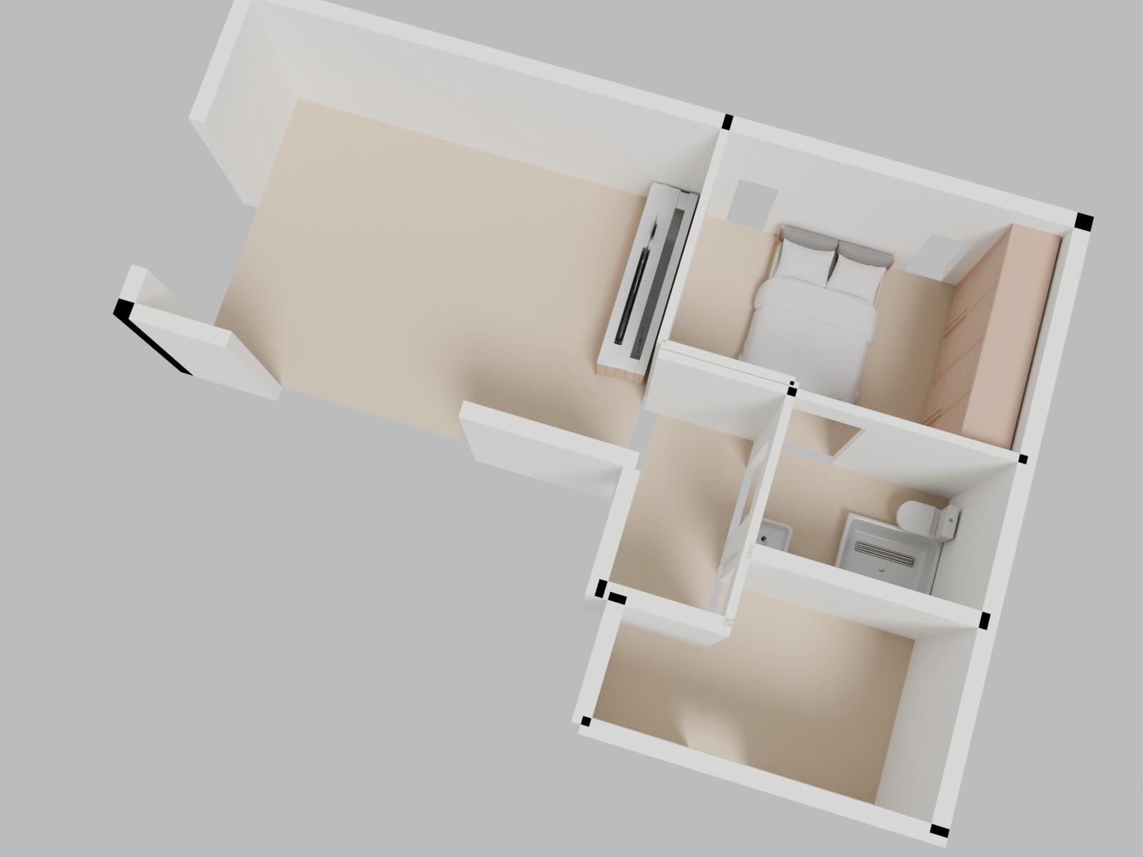 3D-weergave van mantelzorgwoning model Kievit met de exacte indeling en inrichting volgens de plattegrond.