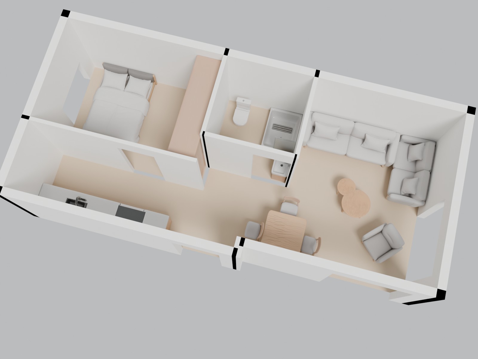 3D-weergave van mantelzorgwoning model Leeuwerik met de exacte indeling en inrichting volgens de plattegrond.