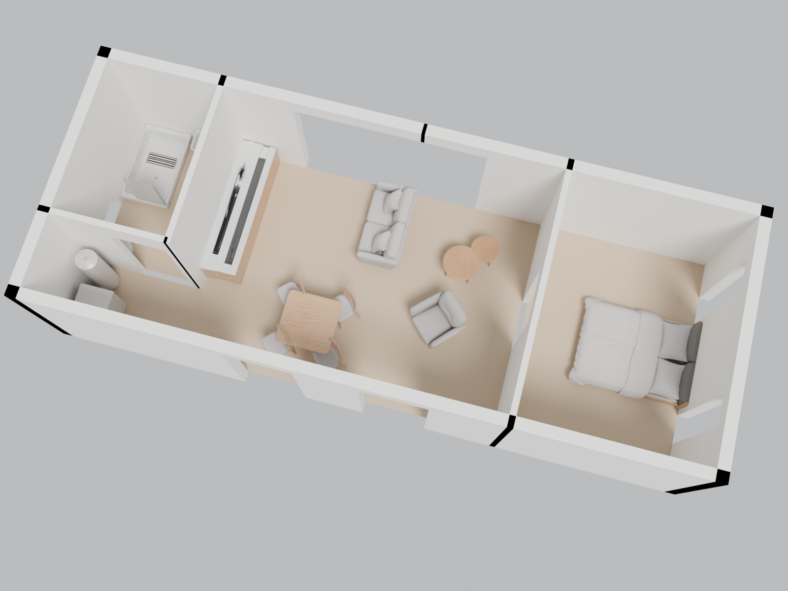 3D-weergave van mantelzorgwoning model Merel met de exacte indeling en inrichting volgens de plattegrond.