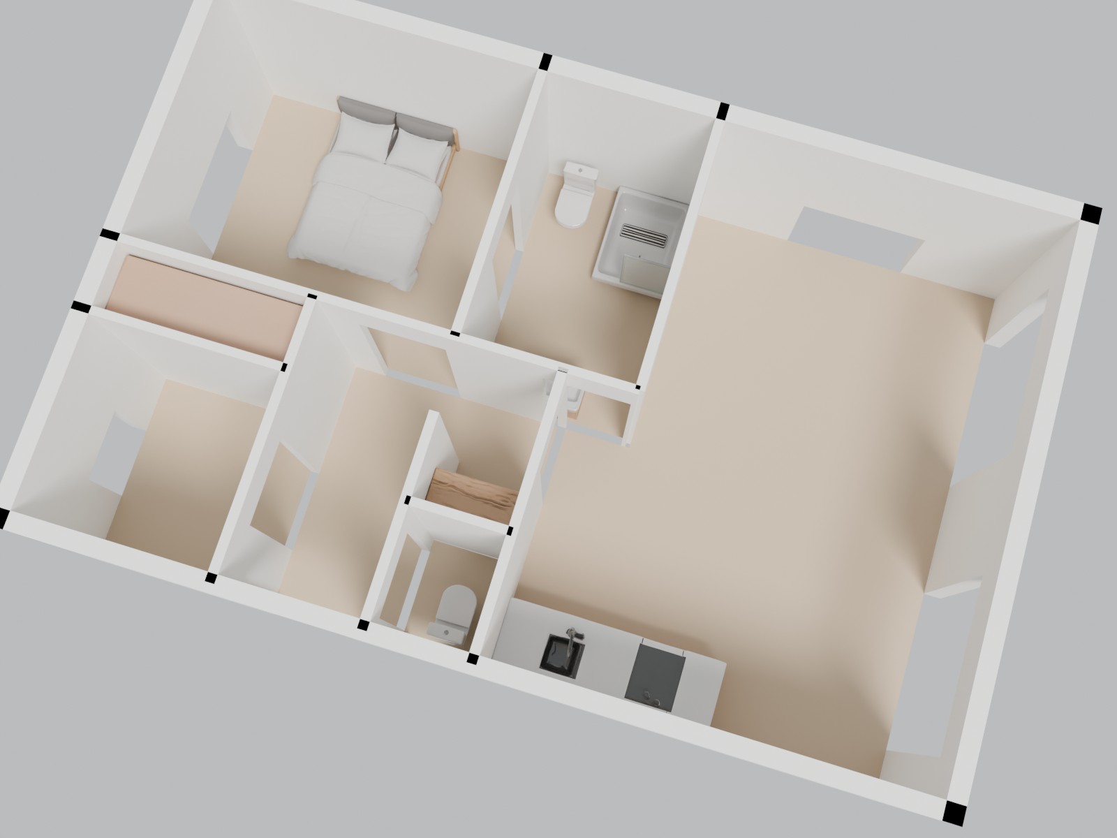 3D-weergave van mantelzorgwoning model Roodborst met de exacte indeling en inrichting volgens de plattegrond.
