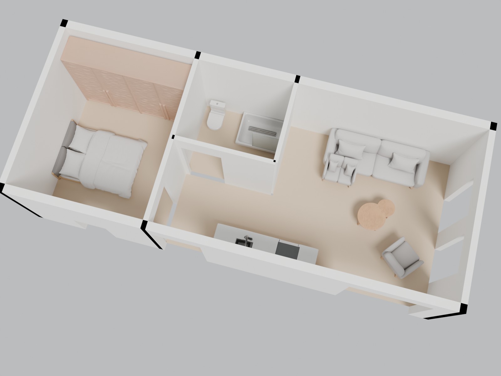 3D-weergave van mantelzorgwoning model Zwaluw met de exacte indeling en inrichting volgens de plattegrond.